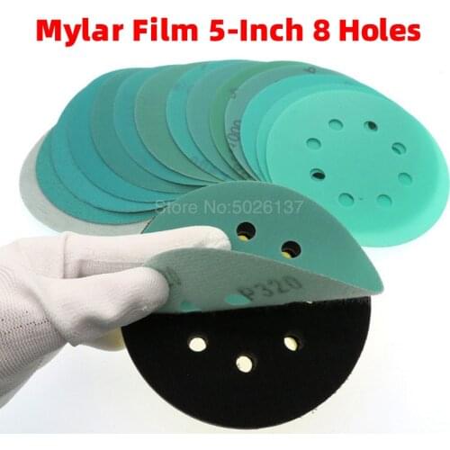 1Pcs 5-INCH 8-HOLE 125MM Water Wet Dry Sanding Disc Hook Loop Sandpaper Round Disk Sand Sheet Green Skin Polyester Film Grinding