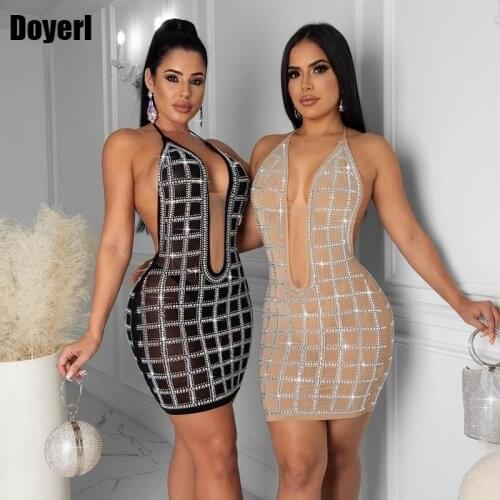 Rhinestone Halter Sexy Backless Dress Elegant Party Night Club Dress Short Birthday Outfits for Women Sparkly Bodycon Mini Dress