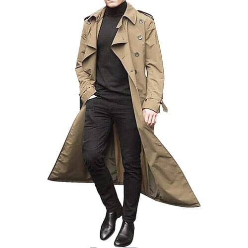 Mens Trench Coat Windproof Buttons Overcoat Slim Fit Long Lapel Casual Solid Color Double Breasted Windbreaker Jacket With Belt