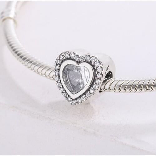 925 Sterling Silver Jewelry White Zircon Heart Pendant Beads Charm Bracelet For Pandora DIY Jewelry Making Necklace
