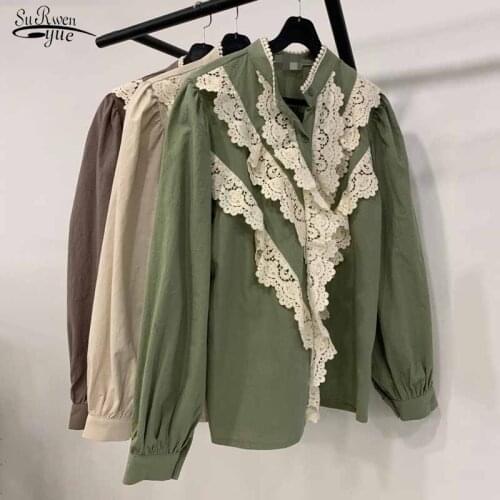 Fashion Spring Temperament Blouse Women Lace Stitching Stand-up Collar Ladies Tops Palace Style Long Lantern Sleeve Shirt 12797