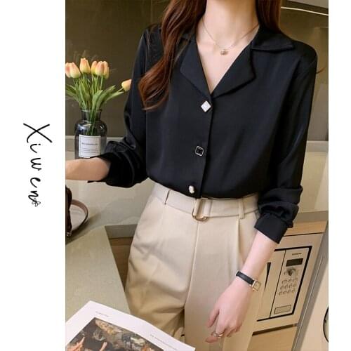 Black Shirt Womens Design Sense Niche Suit Collar Retro Style Chiffon Shirt Loose Business Temperament Top