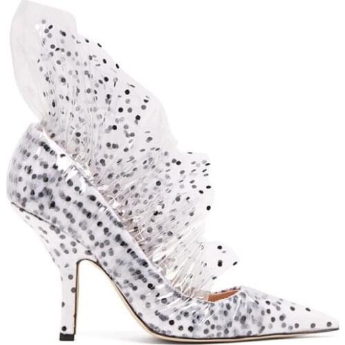 Moraima Snc Newest Polka Dot Mesh Grid High Heel Shoes Woman Sexy Pointed Toe Thin Heels Pumps Runway Slip on Party Dress Shoes
