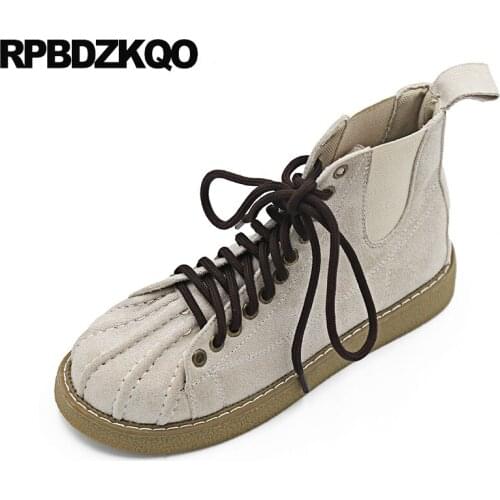 Cheap 2021 Suede Chelsea Shoes Flat Combat Women Round Toe Beige Booties Front Lace Up Casual Ankle Boots Autumn Military Retro