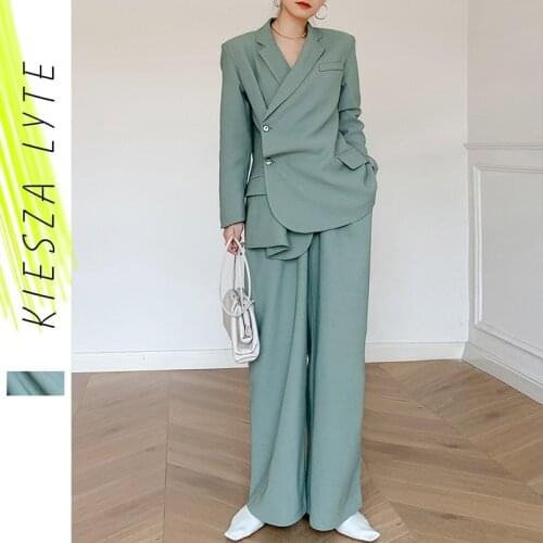 Runway Fashion Green 2 Piece Suit Sets Women Casual Irregular Blazer And Long Pants Ladies Female Trousers Set Outfit