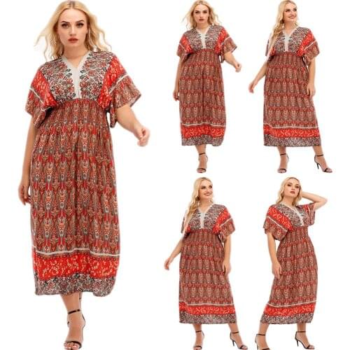 Dubai Muslim Print Bohemian Women Long Dress Summer Short Sleeve Maxi Robe Islamic Ramadan Ethnic Vintage Middle East Fashion