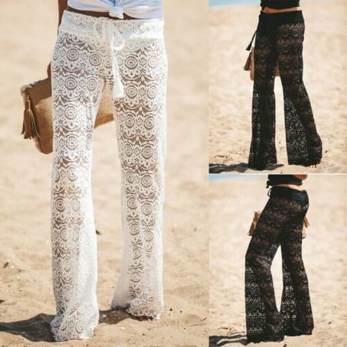 2021 Women Crochet Beach Wide Leg Pants See Through Swimwear Bikini Cover Up Lady Sexy Hollow Out Long Trousers