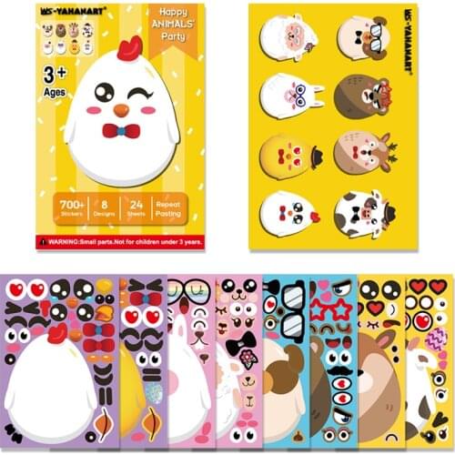 4 Sheets Kids DIY Stickers Make A Face Easter Animals Reusable Sticker For Boy Girl Baby Puzzle Games Assemble Jigsaw Toys Gifts