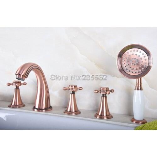 Antique Red Copper Hand Shower Bathroom Tub Faucet 5-Hole Widespread Deck Mounted Cross Handles Mixer Taps ltf198