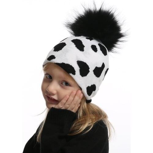 Black White Cow Print Cute Boy Girls Winter Hat For Kids And Mom Real Fur Pompones Beanie Baby Knitted Hat
