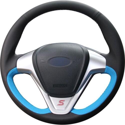 DIY Customize Braiding Black Natural Leather Light Blue Natural Leather Car Steering Wheel Cover For Ford Fiesta 2008 -2013 Ecos