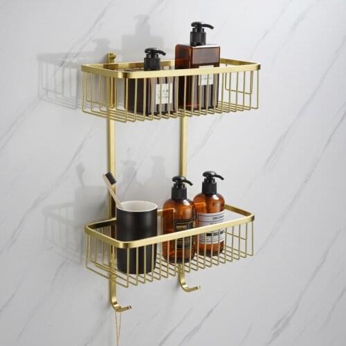 Bathroom double-layer rack storage rack 304 stainless steel brushed golden bathroom shower gel toiletries basket double square s