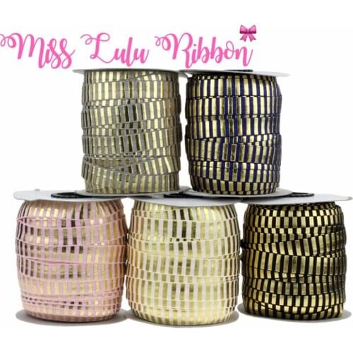 5/8"16mm(1.5cm) black gold foil stripe printed fold over elastic ribbon glitter band diy handmade hair bows sewing tool 50 yards