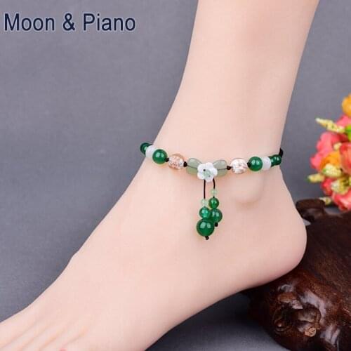 Chinese Style Ethnic Anklet Fashion Retro Hand-woven Agate Female Jewelry Accessories Femininity Flower Beads Bare Feet Anklet