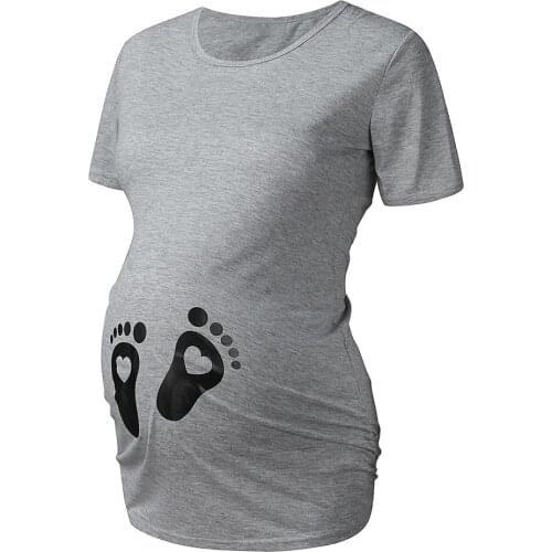 4# Women Baby Feet Heart Print Maternity Tees Maternity Short Sleeve T-shirt Cartoon Graphic Tees Pregnant Tees Ropa Maternal