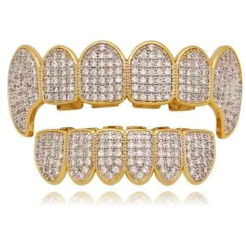 Hip Hop Gold Teeth Grills Top Bottom Iced Out Cubic Zircon Grills Vampire Tooth Caps Grills Dental Rapper Jewelry Party