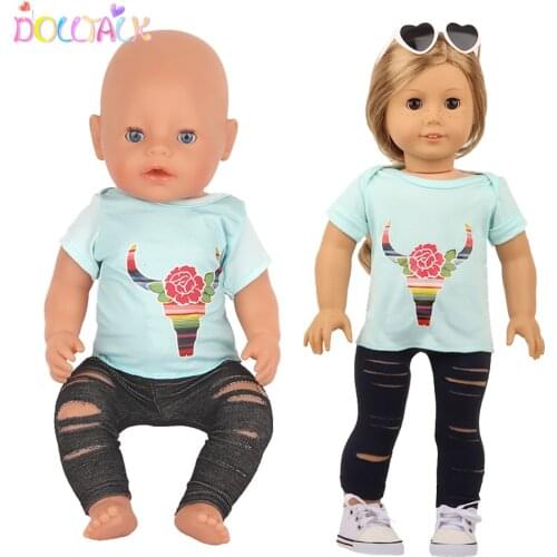18 Inch American Doll Personality Doll Clothes Set Ripped Pants+Ox Head T-shirt Suit Accessories Fit 43cm New Born Bebe Dolls