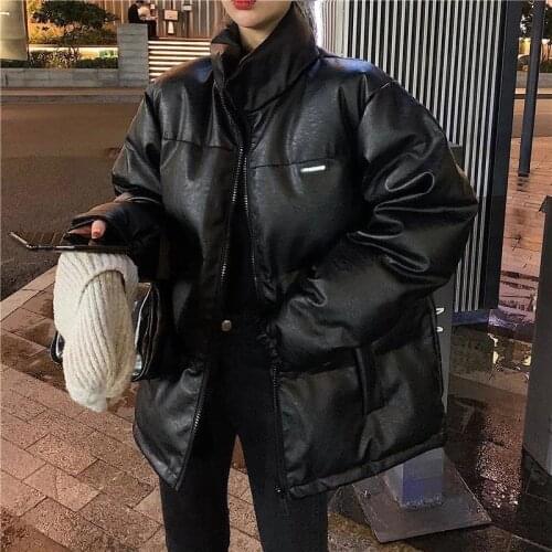 Korean Winter Faux Leather Jacket Solid Black Bright Color Thick Women Puffer Parkas Ins Fall Loose Coats Female Matte Outerwear