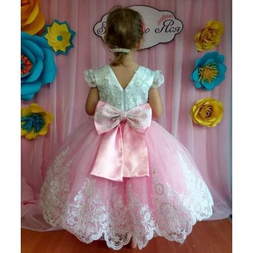 Cute Girls Pageant Gowns with Big Bow Lace Appliques Flower Girl Dress For Wedding V-Back Princess Party Prom Dress Photoshoot