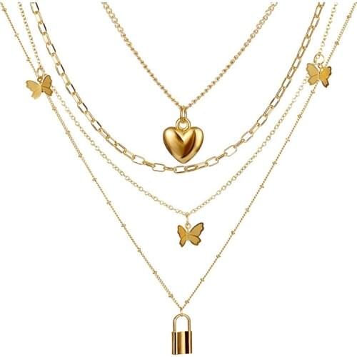 Multi Layer Lover Lock Pendant Choker Necklace Steampunk Padlock Heart Chain Necklace Best Couple Heart Pendant Jewelry Gift
