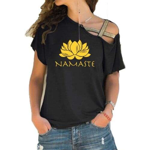 Fashion Women clothing Namaste Print Tee T-shirt Women Top Short Sleeve Female tops clothing Irregular Skew Cross Bandage t shir