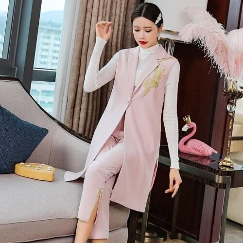 Chinese Style Fashion Turn Down Collar Embroidery Suit Vest +Pencil Pants Two-Piece Female Autumn Mid-Length Section S-XL