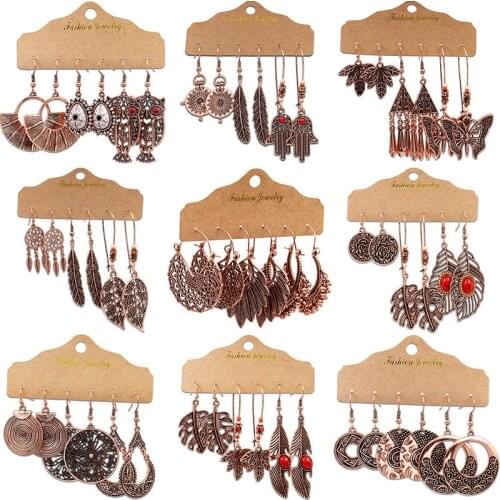 Bohemian Vintage Earrings Set For Women Ethnic Style Antique Copper Alloy Leaf Butterfly Owl Drop Earrings Indian Jewelry