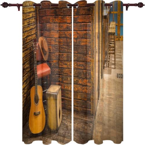 Guitar Acoustic Retro Valance Window Curtains For Living Room Bedroom Kitchen Home Luxury Youth Room Treatment Window Curtains