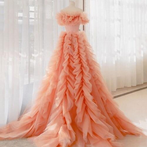 Orange Mesh Evening Dresses Off Shoulder Short Sleeves Tiered Ruffle Custom Made Prom Gowns Back Zipper Formal Party Gowns