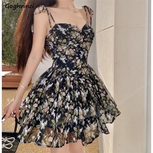 Dresses Women Floral French Style Retro Spaghetti Straps Lace-up Holiday Streetwear Lady Girls Fashion Summer Empire Female BF