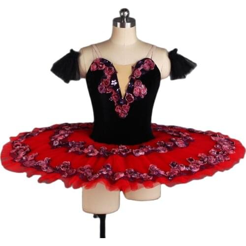 Pleated Tulle Professional Ballet Dance Tutu for Girls Stage Performance Solo Dress Black Velvet Bodice with Red Tutu BLL421