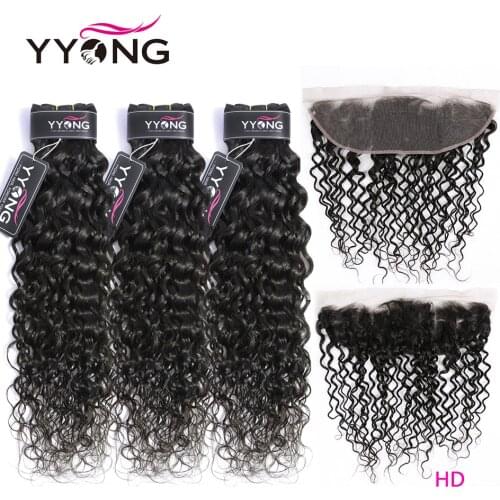 YYong 28 30in Bundles With HD Frontal, 13x4 HD Transparent Lace Frontal With Bundles Water Wave Long Human Hair Can Be Colored