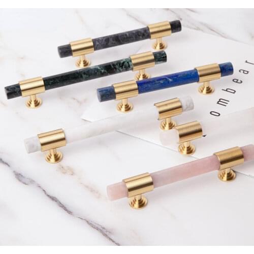 Natural Stone + brass Knobs European T Bar Handles Drawer Pulls Kitchen Cabinet Knobs and Handles Furniture Hardware