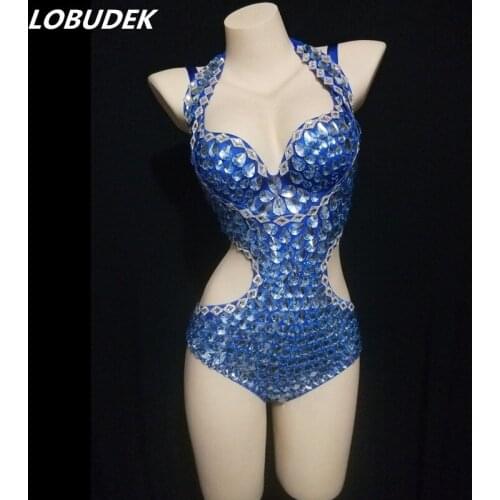 Sexy Hollow Out DJ Singer Nightclub Dance Costume Blue Rhinestones Backless Bodysuit Dancer Bar Performance Crystals Stage Wear