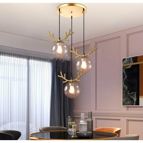Modern Elegant Copper Antler Style Chandelier Water Pattern/Milk White Cover Glass Ball Lamp for Restaurant Table Cafe Bedroom