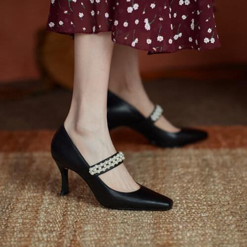 Salu Mature Elegant Women COW LEATHER Party Wedding Fretwork Buckle Blingbling Pointed Toe Thin High Heels Pumps Shoes Woman