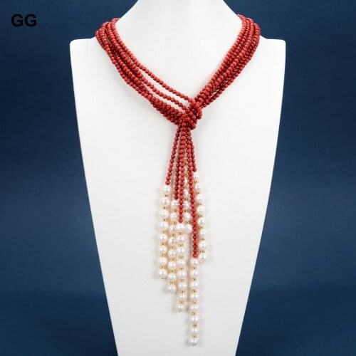 GuaiGuai Jewelry Red Coral Natural Cultured White Pearl Lariat Long Sweater Chain Necklace Bracelet Earrings Sets For Women