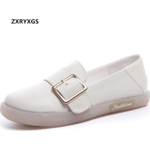 ZXRYXGS 100% Full Genuine Leather Shoes Woman Loafers Shoes Casual Shoes Soft Sole Comfortable Shoes Women Flats Black White