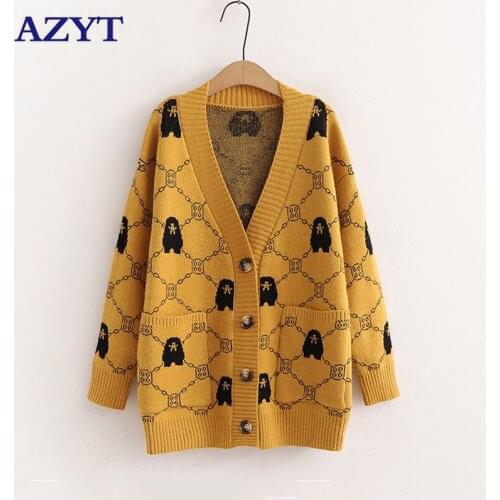 AZYT Autumn Winter Sweater Cardigan Female Jacket Vintage Style Chic Print Oversized Cardigan Knitwear Women Sweater