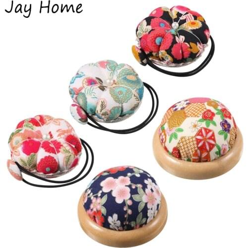 1PC Sewing Pin Cushion Wearable Wrist Pincushions Cute Floral Wooden Base Needle Pin Cushions Holder for Needlework Craft