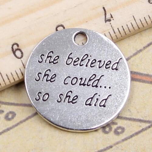 10pcs Charms Plates She Believed She Could So She Did 22x22mm Antique Silver Color Pendants Making DIY Jewelry Factory Wholesale