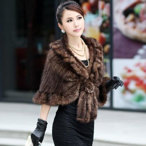 2017 Spring and Autumn Womens Genuine Real Knitted Mink Fur Shawls Female Slim Wraps Ruffle Border VF0041