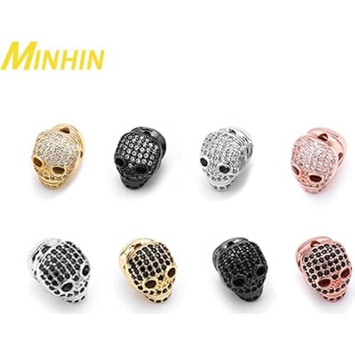 MINHIN 3Pcs White Black Crystal Skull Crown Round Micro Pave Cubic Zirconia Loose Spacer Beads for Jewelry DIY Making Necklaces