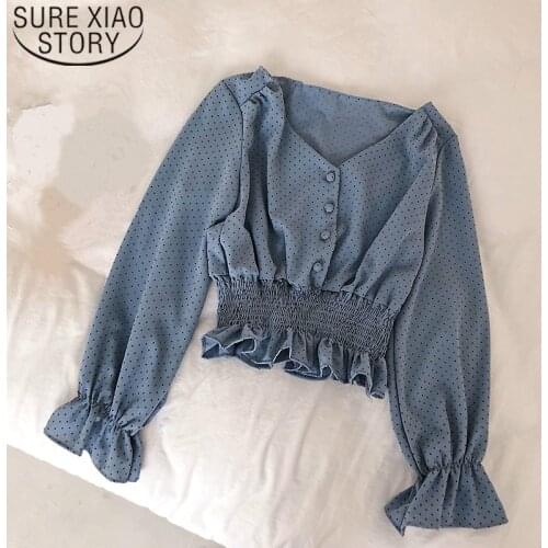 Spring New V-neck Flare Sleeve Polka Dot Women Blouse Shirts Elegant Front Buttons Slim Waist Ruffles Female Blouse Blusas 6602