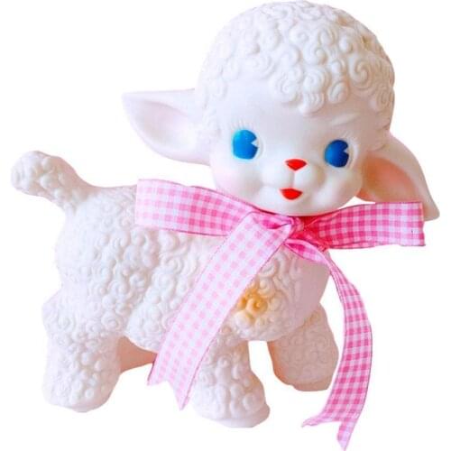 Pink Ribbon Bow Decor Rubber Sheep Toy Bedroom Desk Adorable Sheep Toys Gift For Girl Birthday Lamb Decor Children Lamb Toys