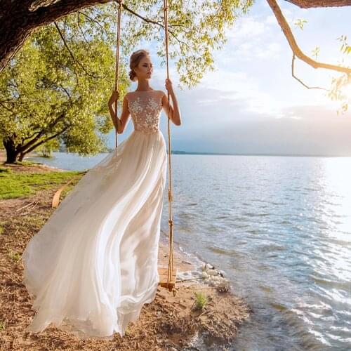 Eightree Elegant A-line Beach Wedding Dresses 2021 A-Line Boho Bridal Gowns Backless Applique Cap Sleeve Plus size Wedding Dress