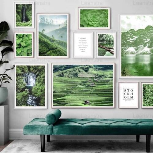 Nordic Green Plant Leaf Waterfall River Mountain Landscape Posters And Prints Wall Art Canvas Painting Home Decor Wall Pictures
