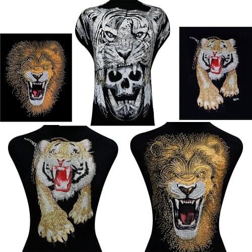 Large Beaded Tiger Skull Beaded Lion Print Patches for Clothes DIY Big Applique Coat Sweater Crafts Sewing Accessories 1pcTH1888