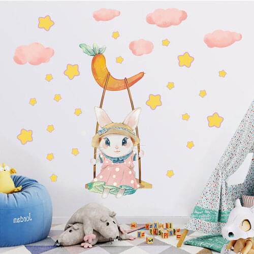 Swinging Rabbit Wall Stickers for Kids rooms Nursery Wall Decor Cartoon Bunny Wall Decals Baby Room Decoration Home Decor Murals