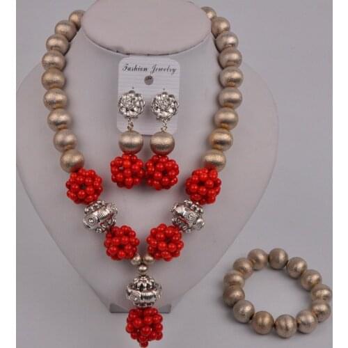 Costume Necklace Red Coral Jewelry Set Nigerian Wedding African Beads Bridal Jewelry Sets 46-AA-02